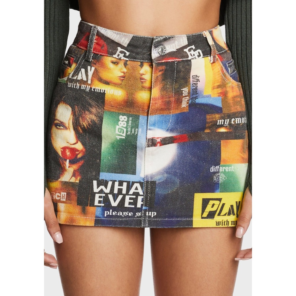 Edikted Graphic Print Mini Skirt wmn streetwear Size S Multicolor Denim Y2K